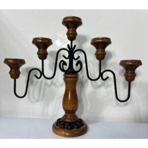 Vtg 60s Wood Metal 5-Arm Candelabra Candle Holder Vintage Style Home Decor